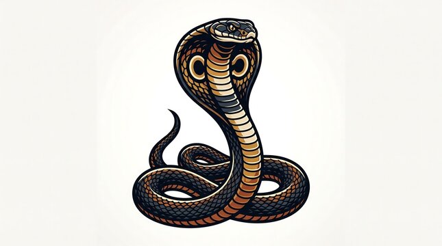 King cobra snake illustration, coiled venomous serpent with flared hood, vintage style reptile graphic on white background