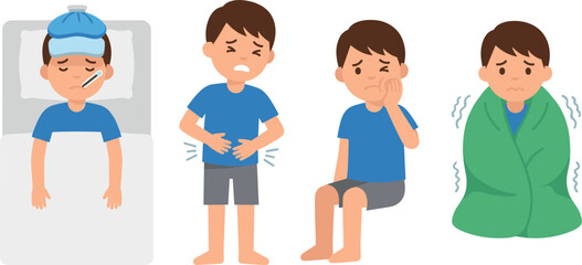 Sick Boy Character Vector Illustration Set with Fever, Stomach Ache, Nausea, and Chills Showing Child Illness Symptoms Cartoon Design