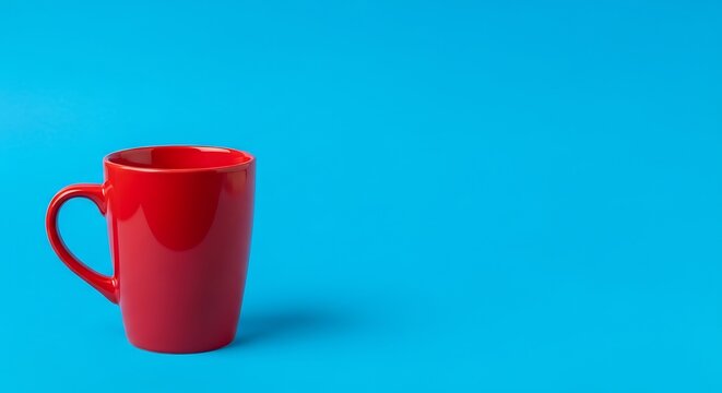 A single vibrant red ceramic mug is placed on a bright blue background