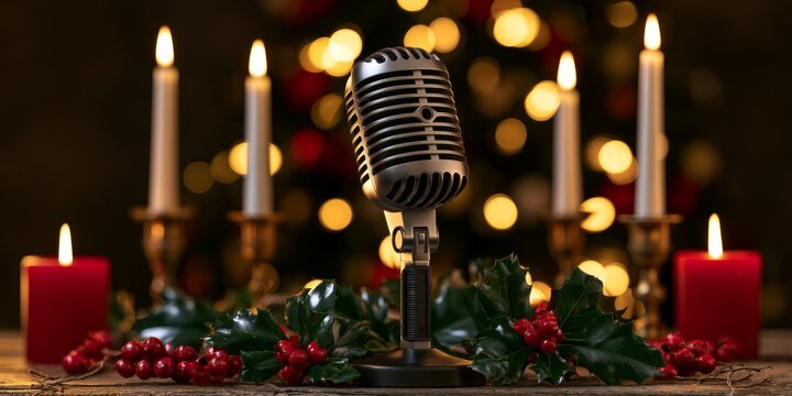 Candlelit Christmas Karaoke Microphone with Holly Decorations