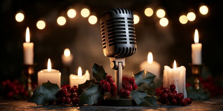 Vintage Karaoke Microphone Surrounded by Holly and Candles