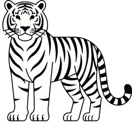 Obraz premium Standing tiger icon vector line art illustration facing front three quarter view isolated on clean white background
