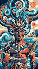Obraz premium Ocean Guardian Portrait with Tribal Inspired Geometric Wave Design Illustration