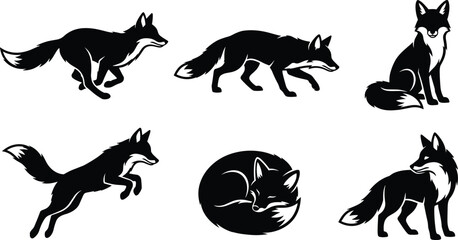 Fototapeta premium Fox Silhouette Vector Collection Featuring Walking, Sitting, Sleeping, and Leaping Poses for Forest Wildlife Design