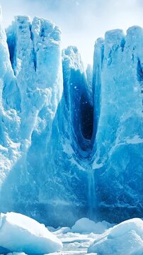 Turquoise glacier ice wall with blue crevasses