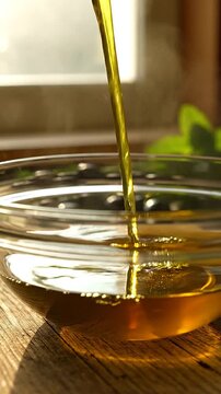 Olive oil pouring into clear glass bowl
