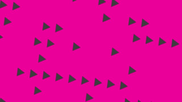 A vibrant pink background featuring a pattern of randomly placed dark green triangles. This abstract motion graphic provides a playful and dynamic visual texture.