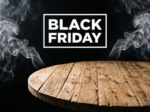 Black Friday promotional wooden table with smoke effect and bold text for marketing and advertising campaigns