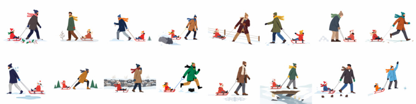 Collection of 16 flat vector illustrations showing fathers pulling their children on sleds in various snowy winter landscapes and outdoor scenes.