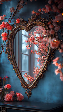 Ornate Antique Gold Frame Floor Mirror with Blooming Pink Cherry Blossom Branches in Aesthetic Pink Room Decor