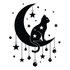 Black silhouette of a cat sitting on a crescent moon with stars © Maurice