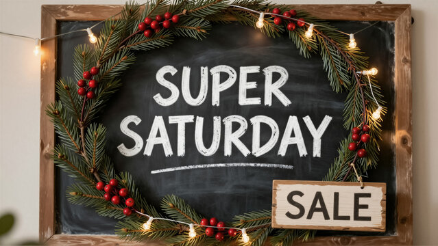 Super Saturday sale text on a chalkboard within a festive pine wreath and string light. This rustic holiday promotion includes red berry and greenery