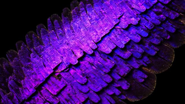 Macro Morpho butterfly wing scales, microscopic tile patterns, structural color shift, static, dark background