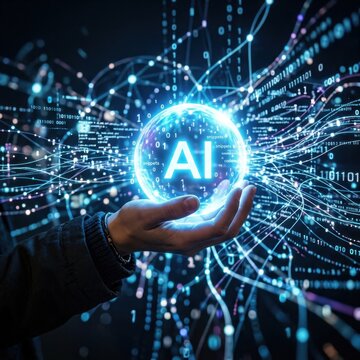 Human hand holding glowing AI orb with digital data.