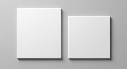 Fototapeta premium Two blank white square canvases on a neutral grey background top-down view