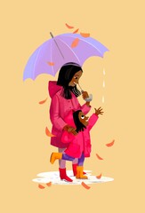 Autumn Walk: Mother and Daughter in Red Raincoats