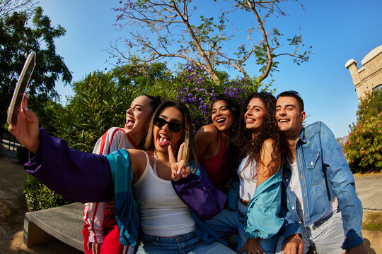 Friends take a selfie together in a sunny outdoor location