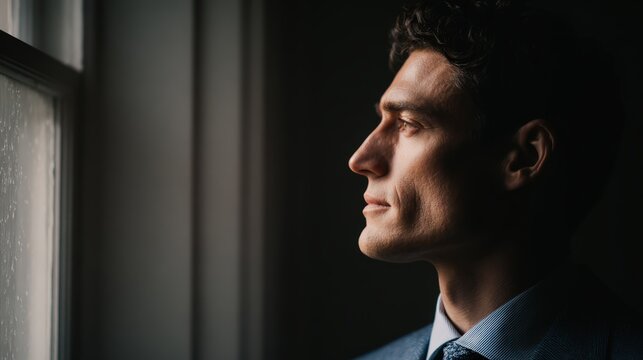 Man Looking Out Rainy Window Contemplative Portrait