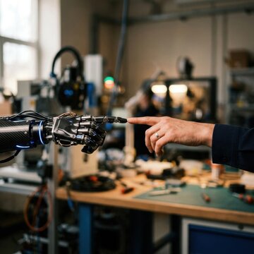 Human hand pointing at robotic prosthetic arm.