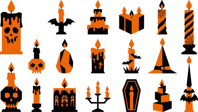Set of decorative halloween candles with spooky designs like skulls bats and coffins isolated on white background