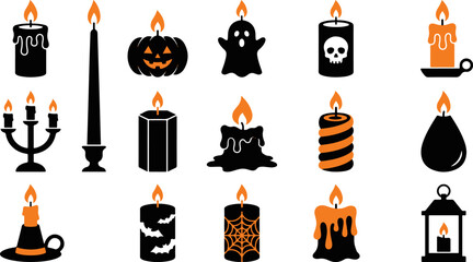 Naklejka premium Set of various halloween candles and lanterns with spooky decorations isolated on a white background