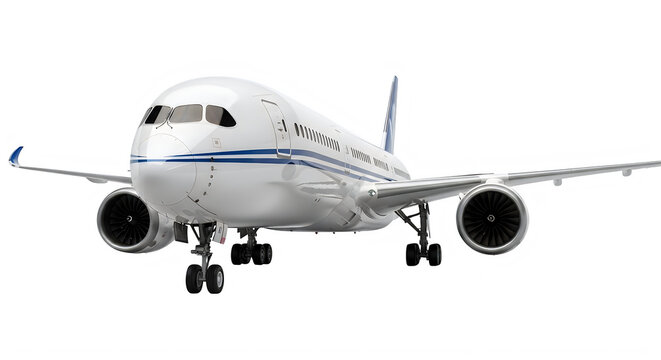 Front view of a modern white passenger airplane isolated on transparent background
