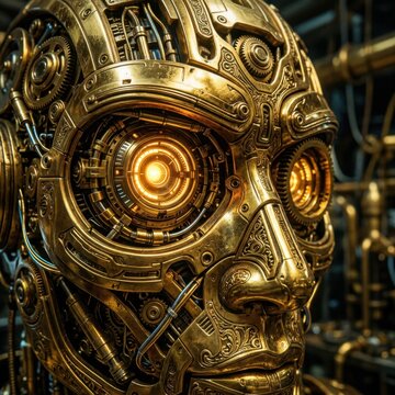 Golden mechanical robot face close-up