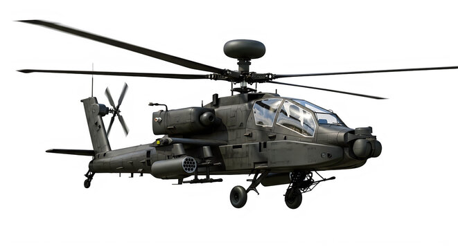 A detailed military ah 64 apache attack helicopter flying in the air isolated on transparent background