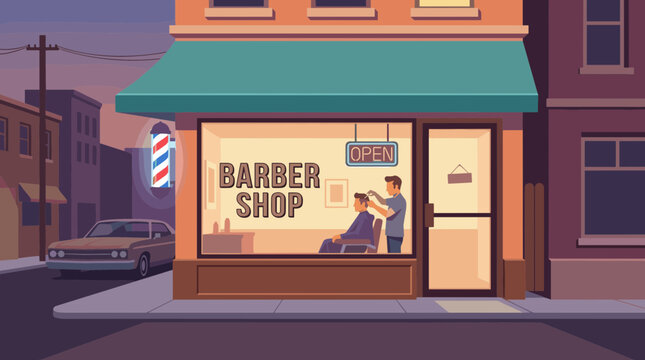 Retro barber shop exterior at night vector illustration.