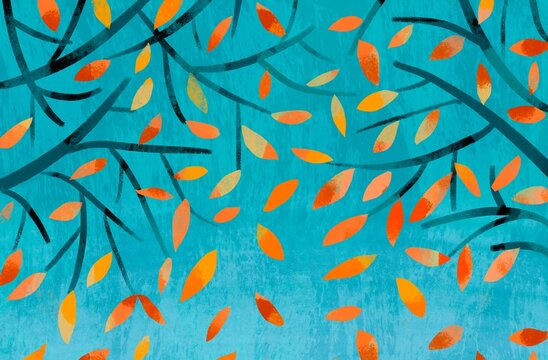 Glowing Autumn Leaves on blue Contrast Background