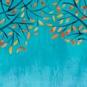Glowing Autumn Leaves on blue Contrast Background