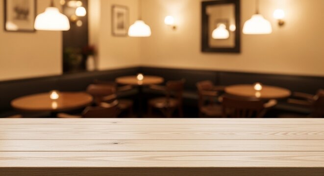 Warmly lit restaurant interior with wooden tables and upholstered booths, cozy ambiance, ideal for dining and hospitality imagery