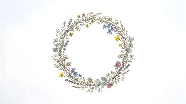 Delicate Wildflower and Eucalyptus Wreath Watercolor Frame