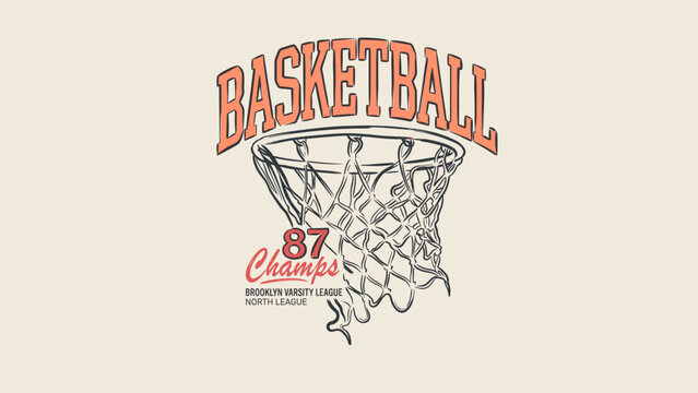 Vintage basketball graphic illustration featuring a hand-drawn net with collegiate typography reading Brooklyn Varsity League 87 Champs, retro sports apparel design for t-shirts.