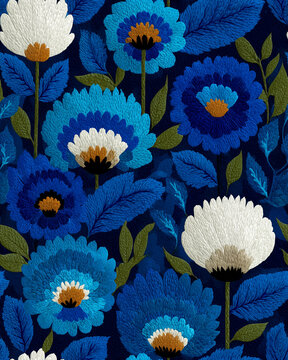 Seamless pattern, bold navy floral illustration featuring blooming flowers