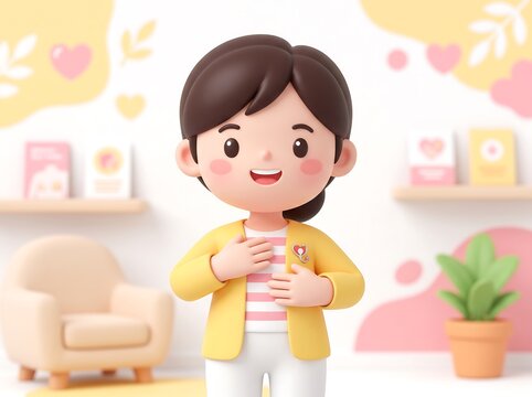 Cute 3D cartoon woman character with hand on heart. Friendly female avatar in yellow cardigan expressing gratitude and love. Soft pastel aesthetic for social media and blogs.