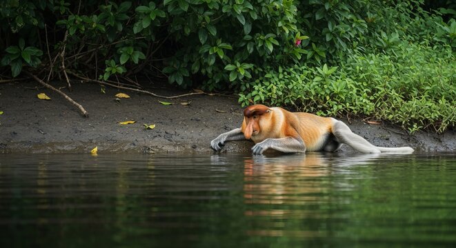 Proboscis monkey on riverbank with glossy water reflections, lush tropical foliage