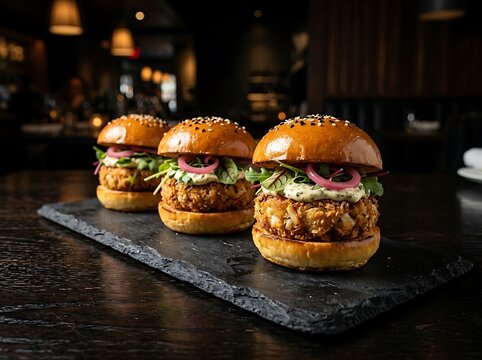 Three delicious beef burgers served on a black stone plate in a dark restaurant setting. mini crab sliders