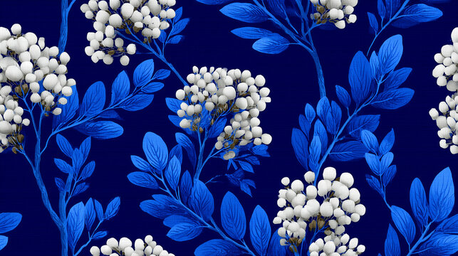 Seamless pattern, bold navy floral illustration featuring blooming flowers