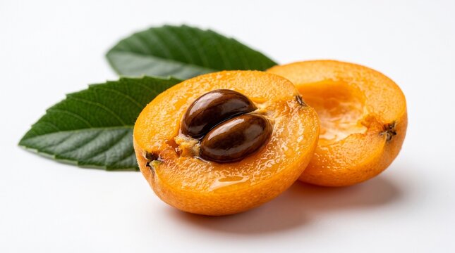 Fresh Loquat Fruit Halves with Seeds and Green Leaves on White Background