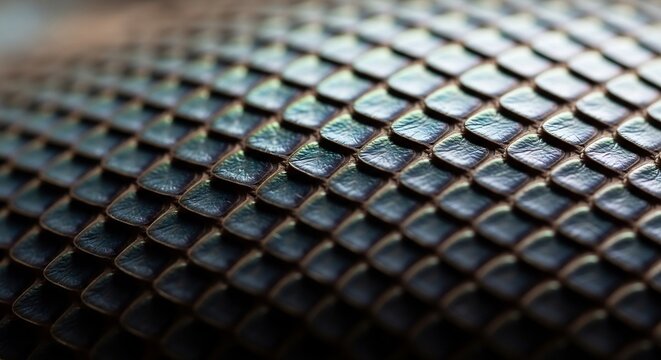Close up of overlapping metallic scales with iridescent finish