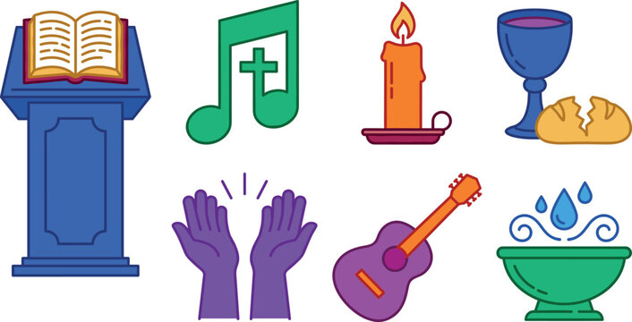 Christian church worship line icons set vector illustration featuring religious faith prayer music and holy communion symbols