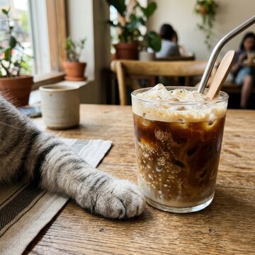 Iced coffee glass and cat paw on table.