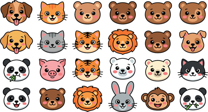 Cute Animal Face Vector Illustration Set with Dog, Cat, Bear, Panda, Tiger, Lion, Pig, Rabbit, and Monkey Cartoon Design
