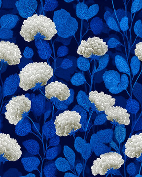 Seamless pattern, bold navy floral illustration featuring blooming flowers