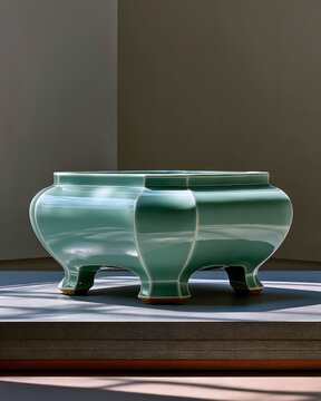 Symmetrical song celadon ritual vessel placed on bluestone platform, plain minimalist shape, side light outlining smooth silhouette, song imperial ritual aesthetic, commercial asset for brand, exhibit