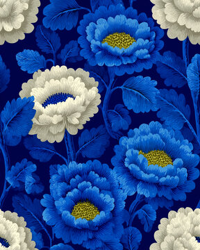 Seamless pattern, bold navy floral illustration featuring blooming flowers
