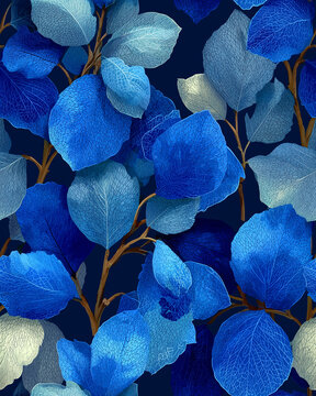 Seamless pattern, bold navy floral illustration featuring blooming flowers