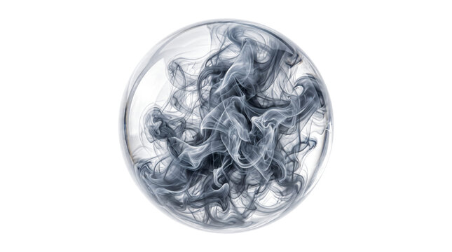 A transparent glass sphere filled with swirling dark grey smoke or ink, isolated on a clean white background.
