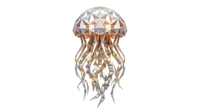 Stunning geometric metallic jellyfish sculpture with intricate faceted design and glowing elements.